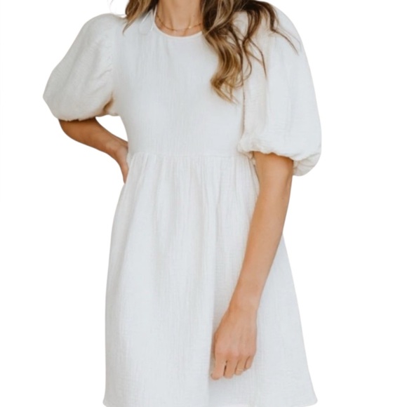 Mable Mini Dress Babydoll Puff Sleeve Cream Linen Casual Summer Dress New Size S - Picture 2 of 9